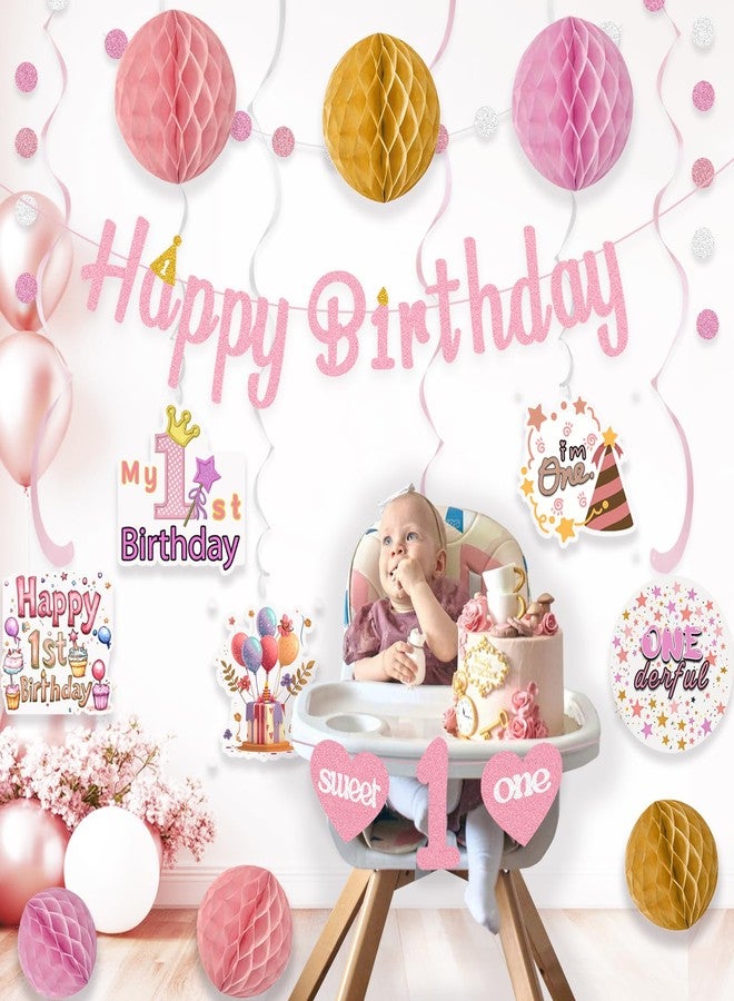 Aonor Pink First Birthday Decorations for Girl, Pre-Strung Sweet One and Happy Birthday Banner with Honeycomb Balls, Hanging Swirls, Circle Dots Garland for 1st Birthdays Decorations Girl 21pcs - Image 2
