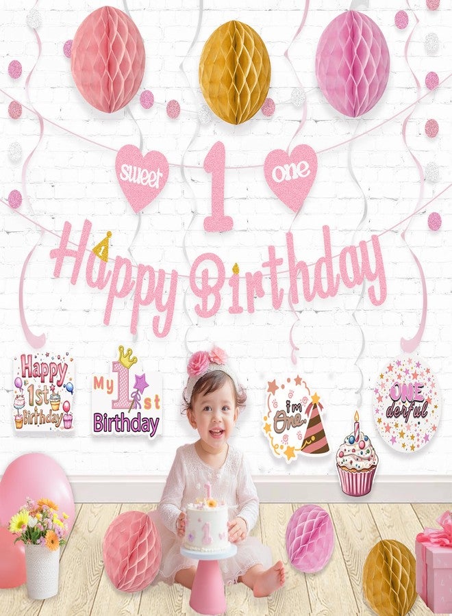 Aonor Pink First Birthday Decorations for Girl, Pre-Strung Sweet One and Happy Birthday Banner with Honeycomb Balls, Hanging Swirls, Circle Dots Garland for 1st Birthdays Decorations Girl 21pcs - Image 5