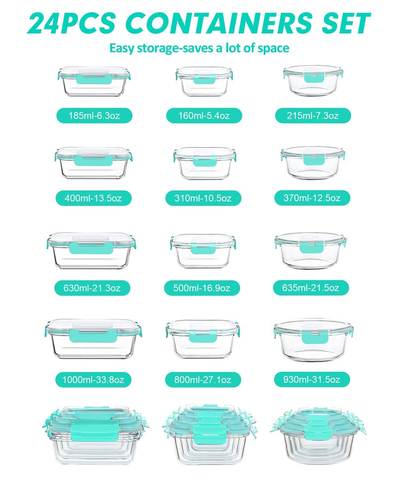 VERONES 24 Pieces Glass Food Storage Containers Set  Airtight Glass Lunch Containers  Glass Meal Prep Containers with Lids Exclusive of BPA  for Microwave  Oven  Freezer & Dishwasher Friendly Green - Image 2
