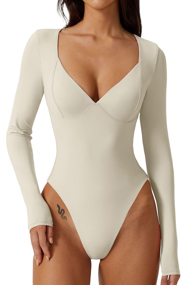 QINSEN Sweetheart Neckline Shirt for Women Long Sleeve High Leg Thong Bodysuit Tops Splashed White S - Image 1