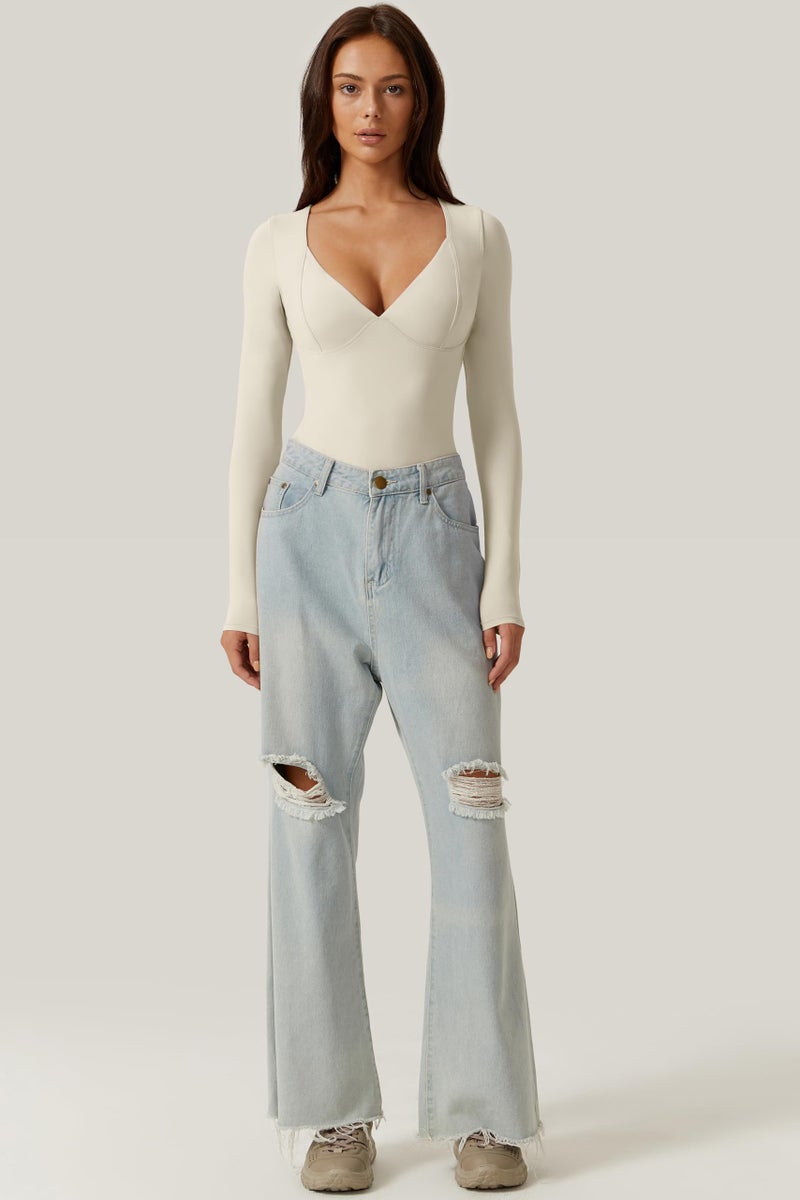 QINSEN Sweetheart Neckline Shirt for Women Long Sleeve High Leg Thong Bodysuit Tops Splashed White S - Image 5