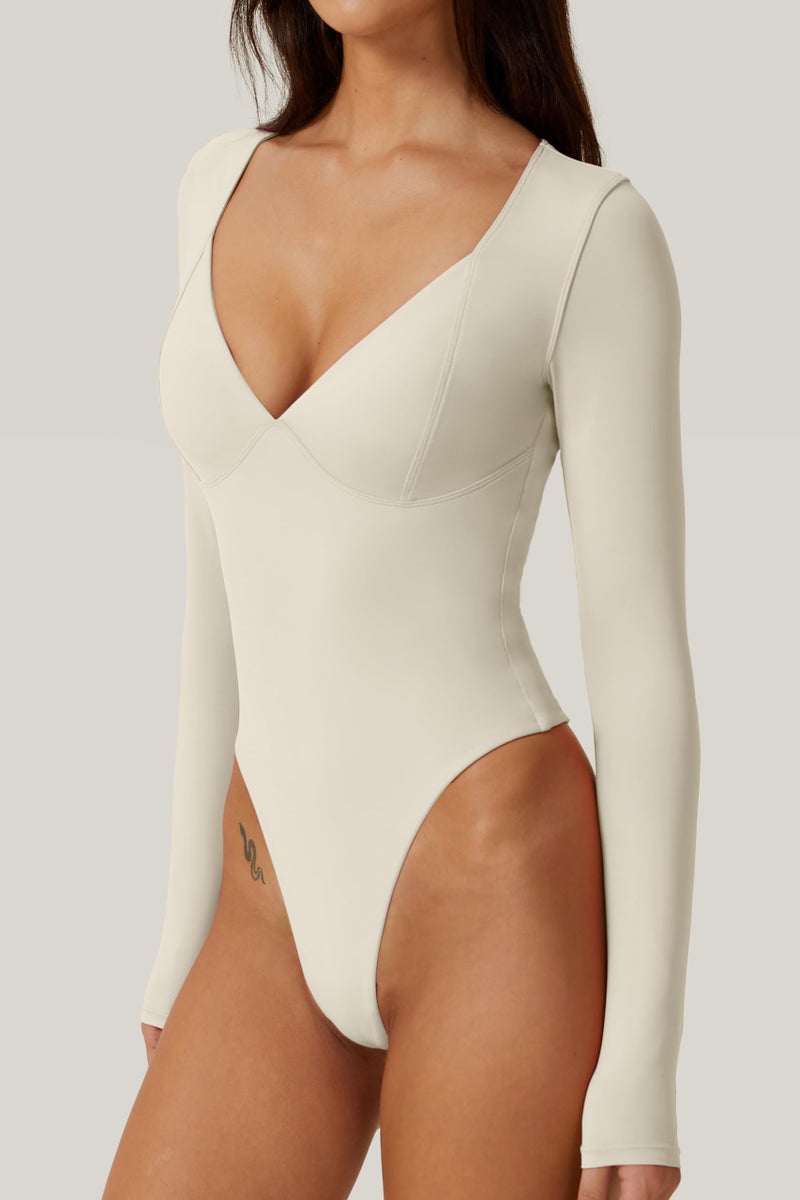 QINSEN Sweetheart Neckline Shirt for Women Long Sleeve High Leg Thong Bodysuit Tops Splashed White S - Image 2