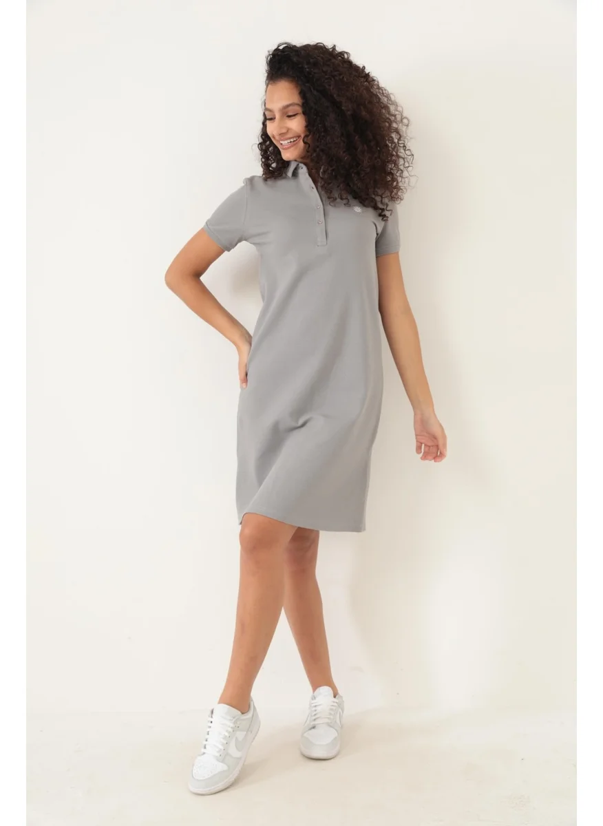 Miron Gray Women's Polo Collar Short Sleeve Knitted Dress -2431
