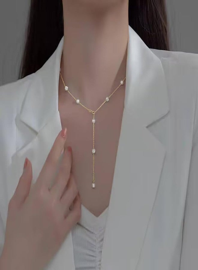 SLUYNZ 925 Sterling Silver Pearls CZ Ball Choker Necklace Chain for Women Teen Girls Pearls Y Necklace Elegant (B-18K GOLD) - Image 2