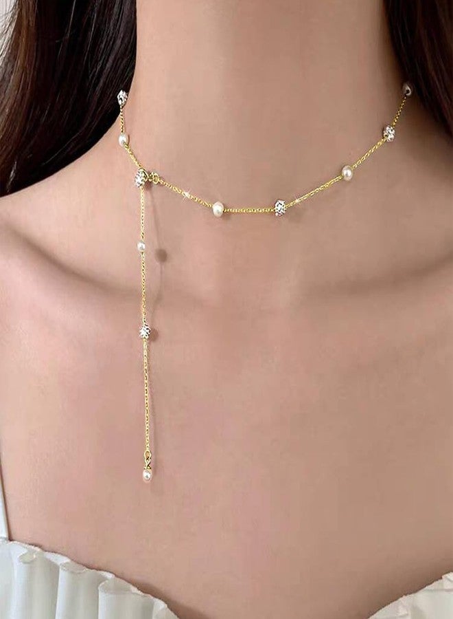 SLUYNZ 925 Sterling Silver Pearls CZ Ball Choker Necklace Chain for Women Teen Girls Pearls Y Necklace Elegant (B-18K GOLD) - Image 4