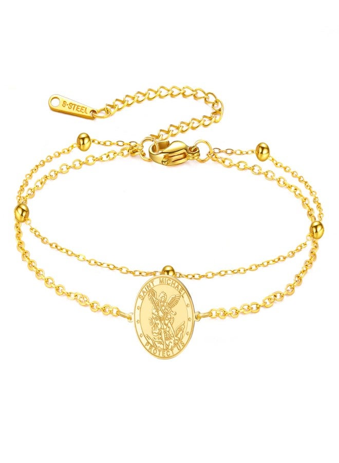 TEAMER Saint Michael Bracelet Double Layer Beads Chain St. Michael Bracelet The Great Protector Archangel Amulet Religious Jewelry For Women (Gold) - Image 1