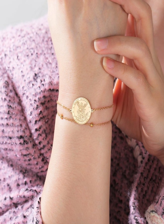 TEAMER Saint Michael Bracelet Double Layer Beads Chain St. Michael Bracelet The Great Protector Archangel Amulet Religious Jewelry For Women (Gold) - Image 2