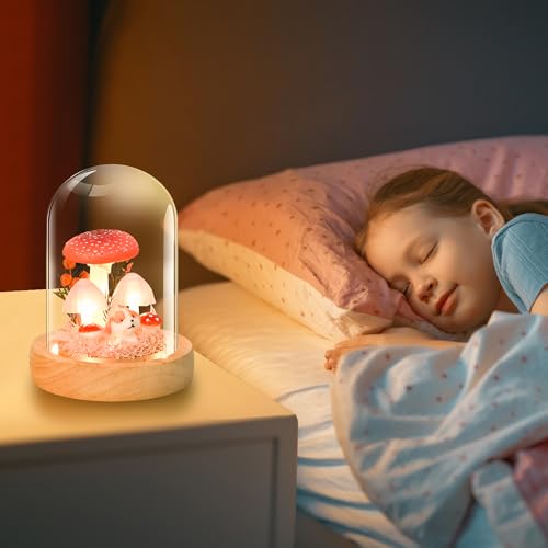 QUELIEN Mushroom Lamp in Glass Dome,Mushroom Gifts for Women - Warm White LED Night Light for Bedroom Decor,Unique Gifts for Women, Housewarming Birthday Christmas Decorations (red) - Image 3