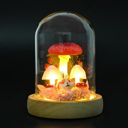 QUELIEN Mushroom Lamp in Glass Dome,Mushroom Gifts for Women - Warm White LED Night Light for Bedroom Decor,Unique Gifts for Women, Housewarming Birthday Christmas Decorations (red) - Image 1