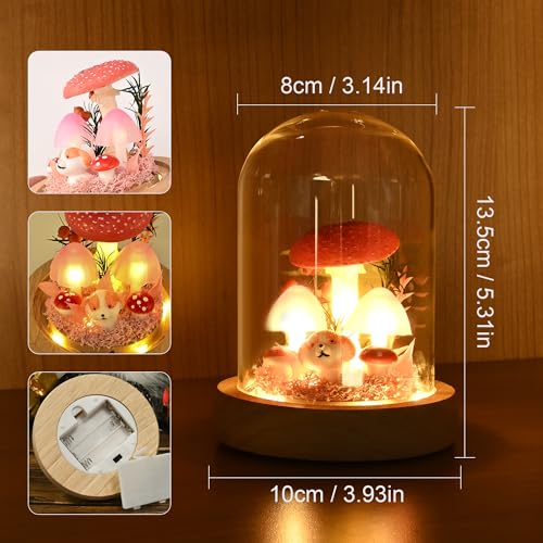QUELIEN Mushroom Lamp in Glass Dome,Mushroom Gifts for Women - Warm White LED Night Light for Bedroom Decor,Unique Gifts for Women, Housewarming Birthday Christmas Decorations (red) - Image 4