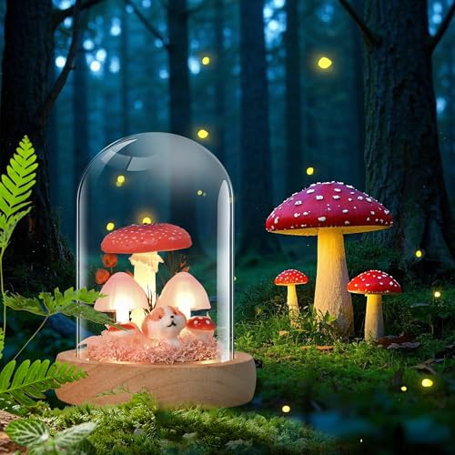 QUELIEN Mushroom Lamp in Glass Dome,Mushroom Gifts for Women - Warm White LED Night Light for Bedroom Decor,Unique Gifts for Women, Housewarming Birthday Christmas Decorations (red) - Image 2