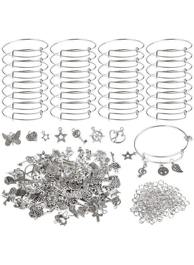 UPINS Bracelet Making Kit,Upins 30Pcs Silver Expandable Blank Bracelets Adjustable Wire Bangles With 100Pcs Tibetan Silver Charms, 200Pcs Open Jump Rings For Jewelry Making - Image 1