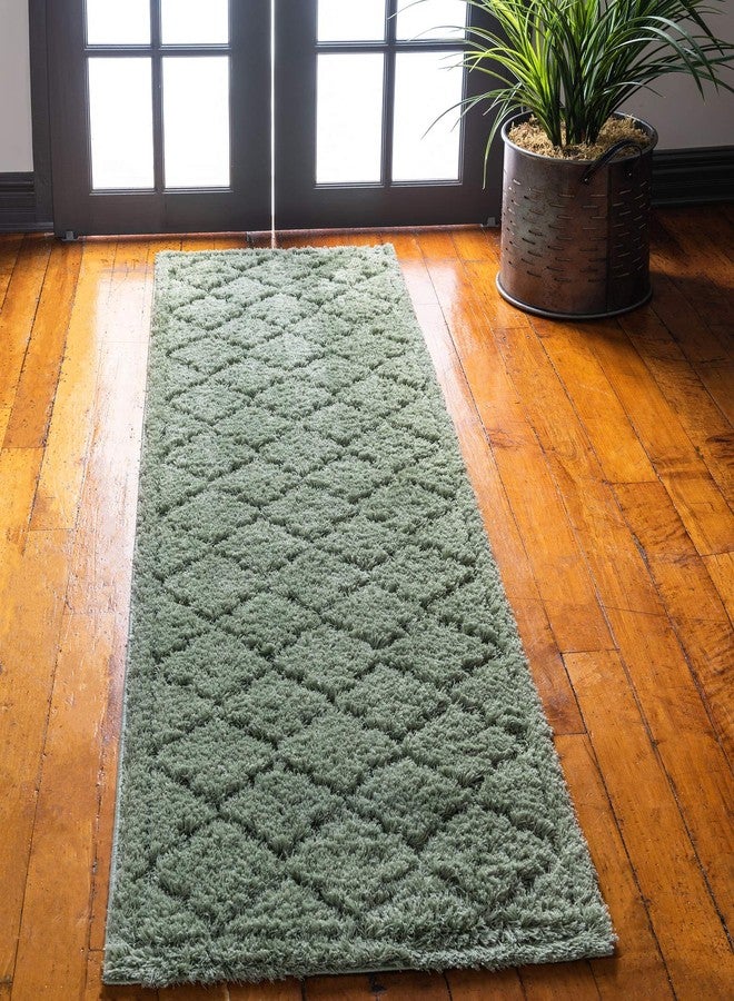 Unique Loom Trellis Shag Collection Plush Geometric Modern Moroccan Lattice Green Runner Rug (2' 0 x 6' 7) - Image 1