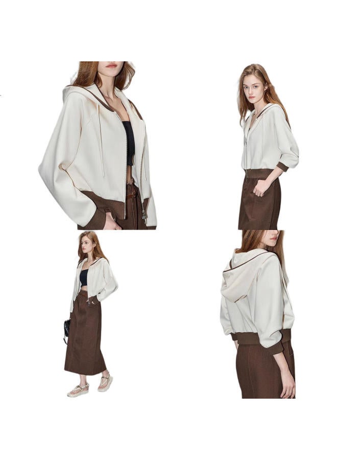 dme Demana [Perfectly Age-Reducing] Spring And Autumn New Hooded Long-Sleeve Slightly Stretchy Cotton Contrasting Color Ribbed Patchwork Jacket, Women'S Short Style - Image 2
