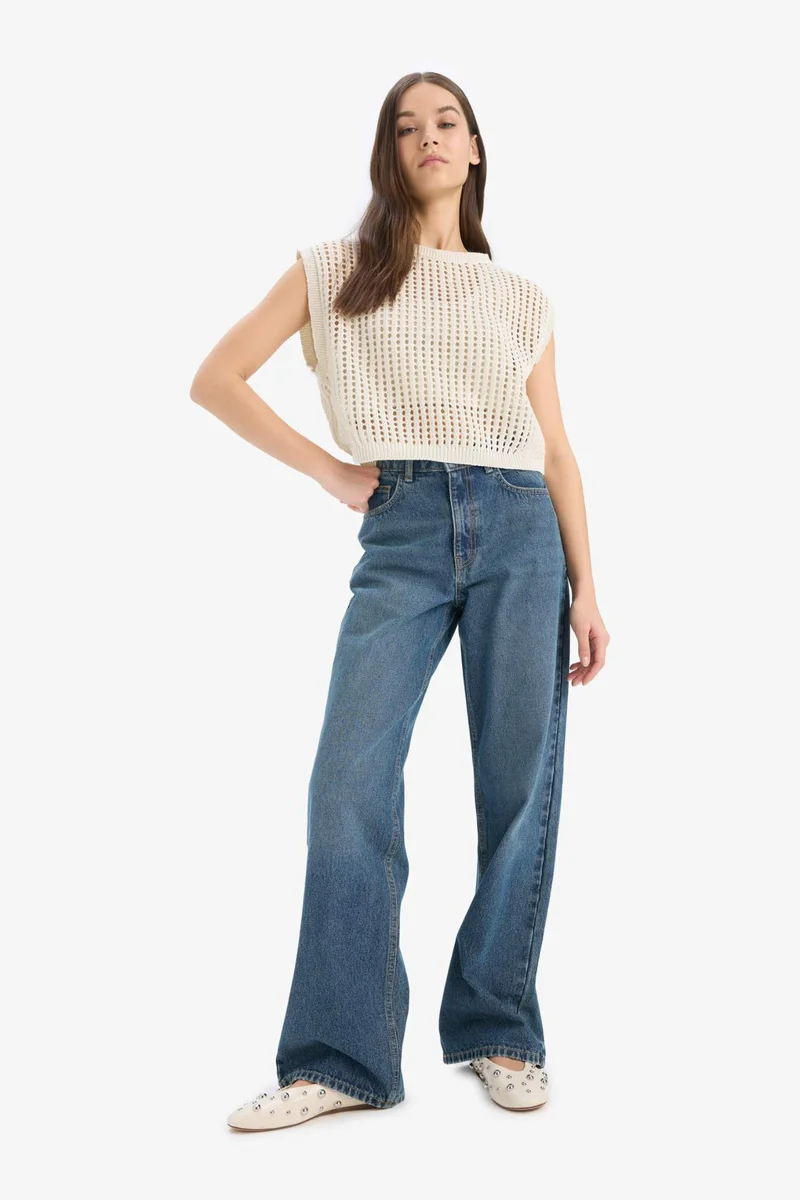 DeFacto Patterned Cotton Crochet Knit Crop Vest