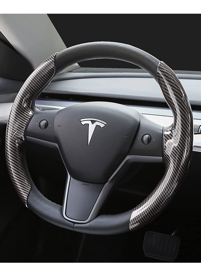 Car Carbon Fiber Steering Wheel Cover, Custom Fit for Tesla Model Y/3, Segmented Protector, Anti-Skid, Scratch-Resistant, Wear-Resistant (Black, 2PCS) - Image 1