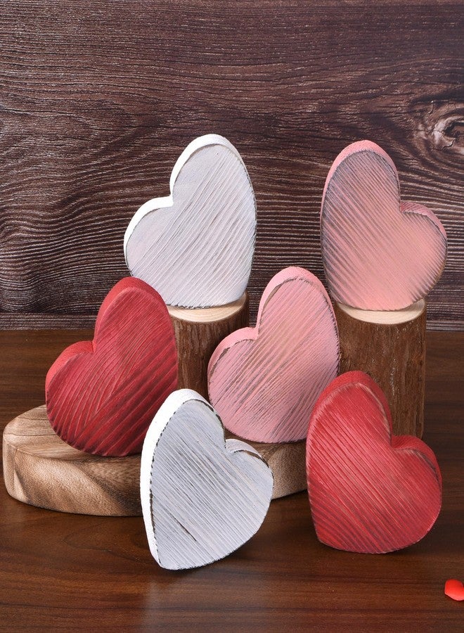 GHOSTMAGIC Valetine’s Day Table Decor Set, 6pcs Solid Wood Heart Valentine's Decorations in White Pink Red, Rustic Wooden Heart Valentine Table Decorations for Home Tiered Tray (3 colors) - Image 1