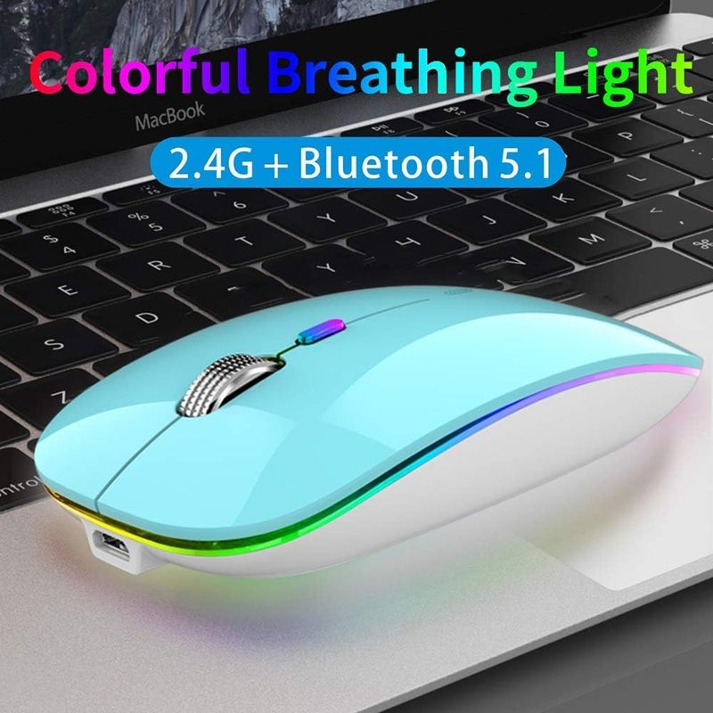 TENMOS Wireless Bluetooth Mouse, LED Slim (BT 5.1 + USB) 2.4GHz Rechargeable Silent Bluetooth Wireless Mouse with Type C Adapter for Laptop/MacBook/iPad OS 13 and Above (Blue) - Image 2