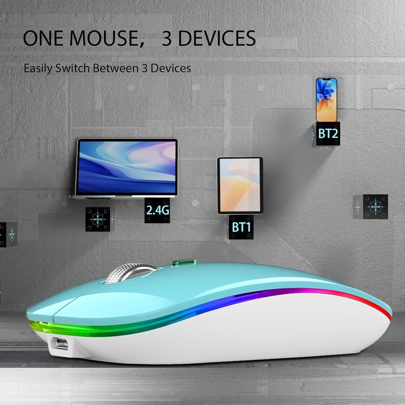 TENMOS Wireless Bluetooth Mouse, LED Slim (BT 5.1 + USB) 2.4GHz Rechargeable Silent Bluetooth Wireless Mouse with Type C Adapter for Laptop/MacBook/iPad OS 13 and Above (Blue) - Image 3