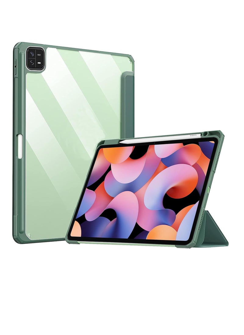 Case Smart Flip Case Cover For Xiaomi Mi Pad 6 11 Inch Tablet, Transparent Back With Pen Holder Green  - Image 1