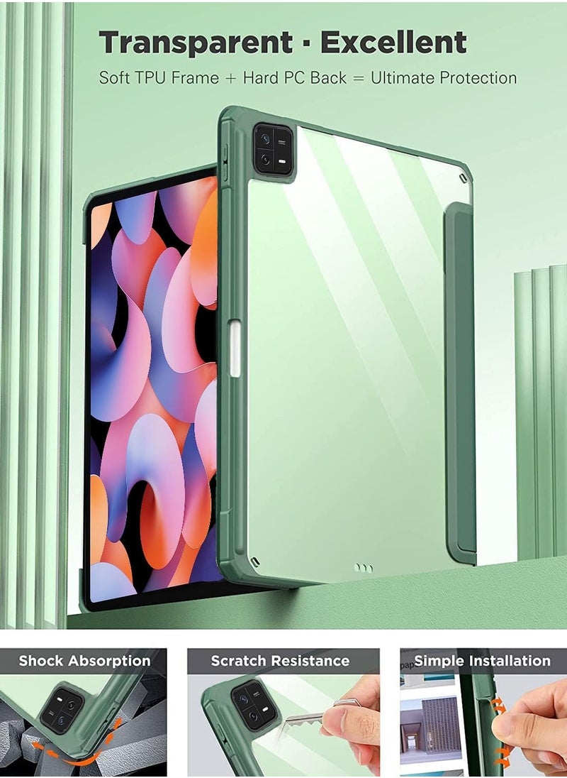 Case Smart Flip Case Cover For Xiaomi Mi Pad 6 11 Inch Tablet, Transparent Back With Pen Holder Green  - Image 4