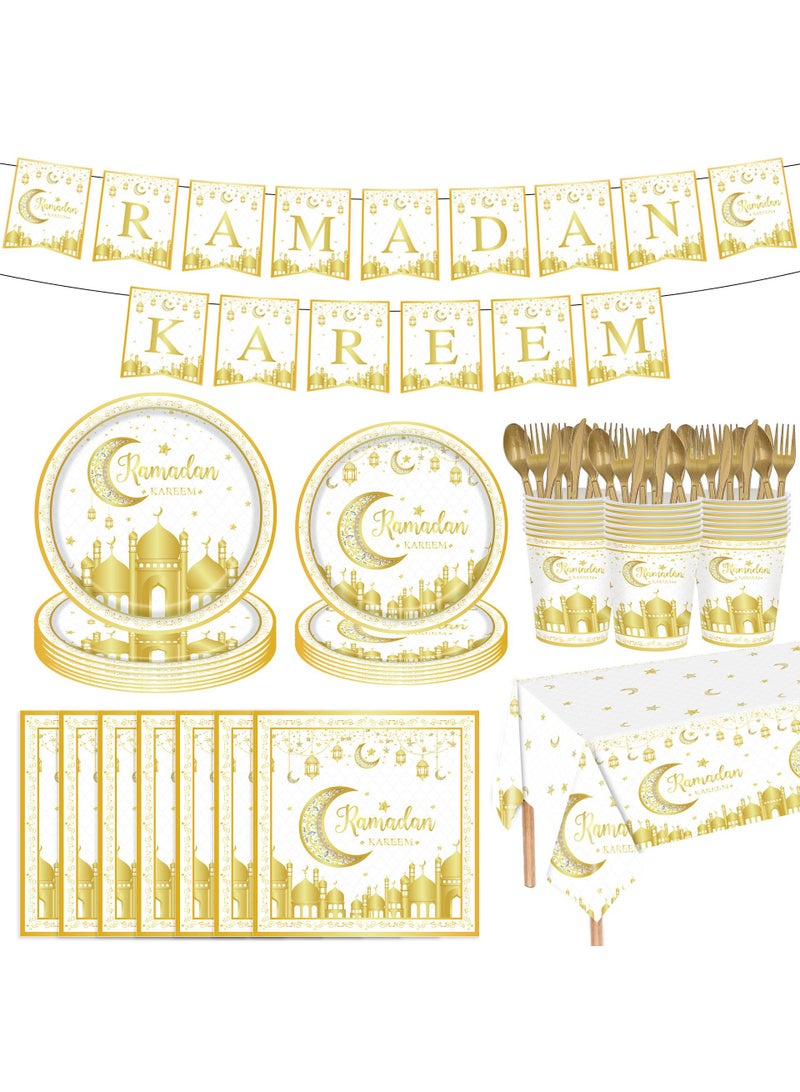 general 170 Pcs Ramadan Party Supplies Decorations For Home Eid Ramadan Mubarak Banner Black And Gold Plates And Napkins Set Disposable Paper Plates Napkins Banner Tablecloth For Ramadan Party Decorations - Image 1