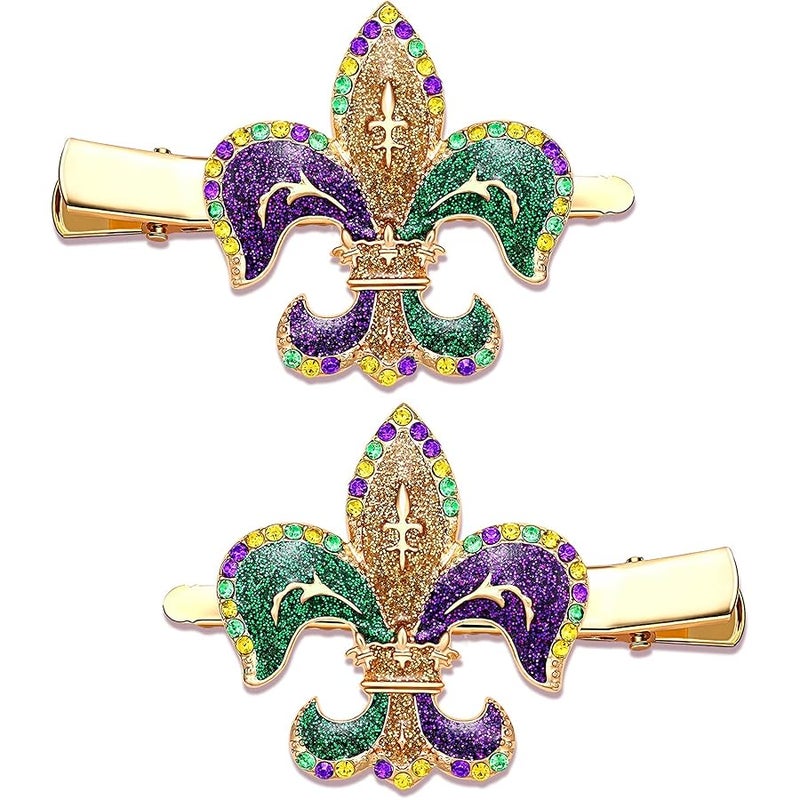 Mardi Gras Hair Clips for Women Glitter Jester Hat Mask Fleur de Lis Hairpins (Flower B)