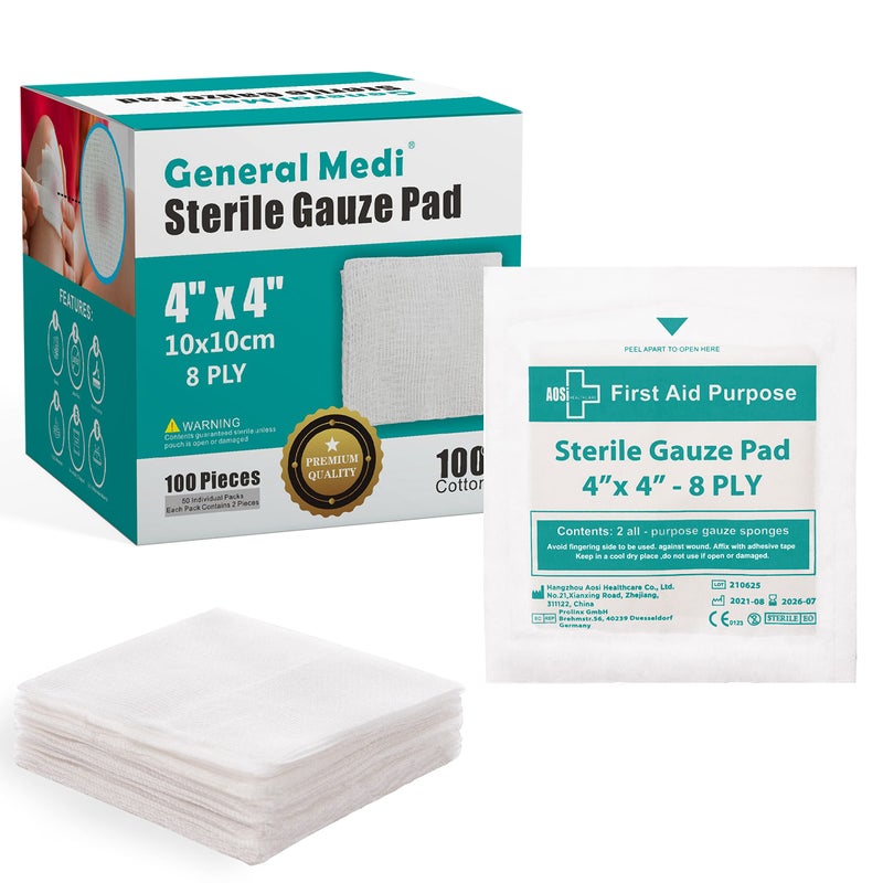General Medi Sterile Gauze Pads 4 x 4 Individually Wrapped Medical Gauze Pads for Cleaning and Cushioning Minor Wounds Cuts Burns Wound Care Product 50 Packs 100 Pieces Total