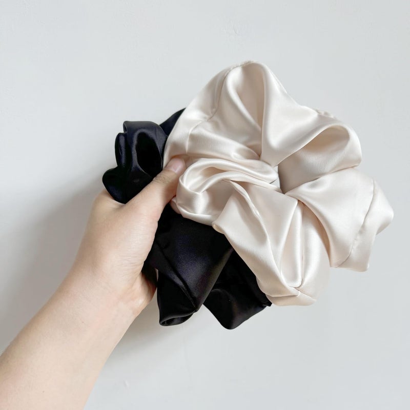 PIDOUDOU 2 Pieces Jumbo Satin Silk Scrunchies for Women 7.5 Inches Large Oversize Scrunchies For Thick Hair Ties Hair Ornament (Black and Beige) - Image 3
