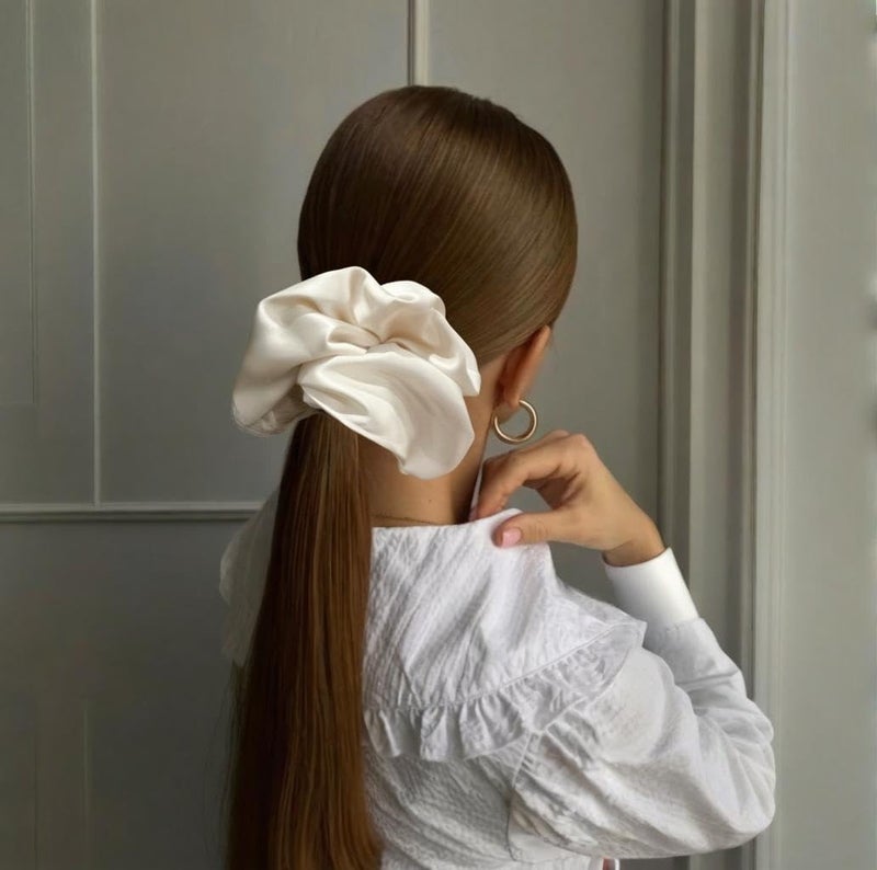 PIDOUDOU 2 Pieces Jumbo Satin Silk Scrunchies for Women 7.5 Inches Large Oversize Scrunchies For Thick Hair Ties Hair Ornament (Black and Beige) - Image 5