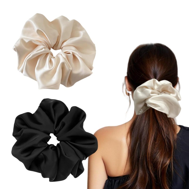 PIDOUDOU 2 Pieces Jumbo Satin Silk Scrunchies for Women 7.5 Inches Large Oversize Scrunchies For Thick Hair Ties Hair Ornament (Black and Beige) - Image 1