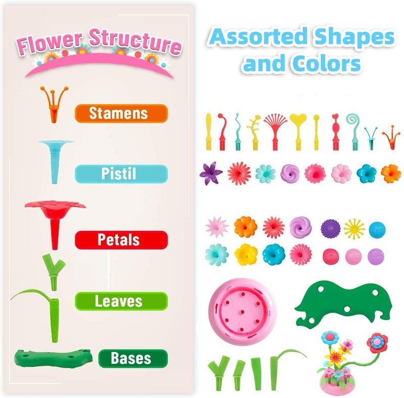 BEMITON Flower Building Toy Set for Girls Best Birthday Gifts for 3 4 5 6 7 Year Old Kids Arts and Crafts Kit for Toddlers STEM Activities and Gardening Pretend Playset 148 pcs - Image 3