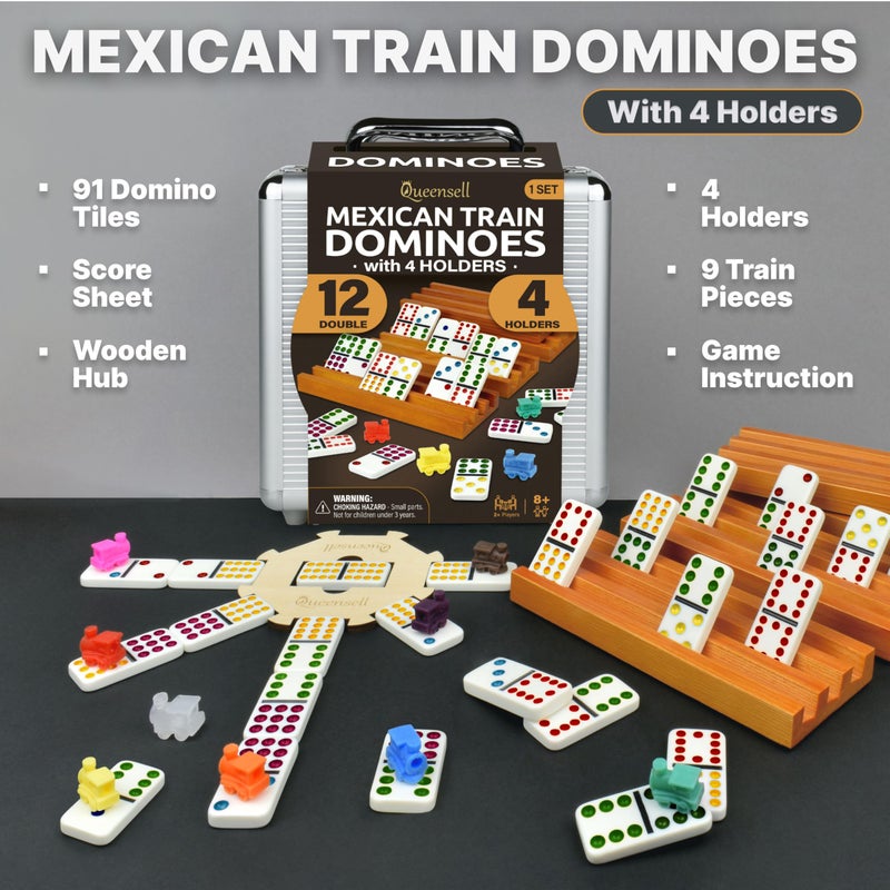 Queensell Mexican Train Dominoes Set with 4 Holders - Dominoes Double 12 with Wooden Hub and Tiles Holders - Double 12 Dominos Set for Family Game Night for Adults and Kids Ages 8 and up (D12 + 4 Holders) - Image 2