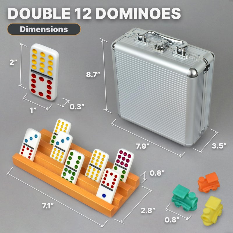 Queensell Mexican Train Dominoes Set with 4 Holders - Dominoes Double 12 with Wooden Hub and Tiles Holders - Double 12 Dominos Set for Family Game Night for Adults and Kids Ages 8 and up (D12 + 4 Holders) - Image 3