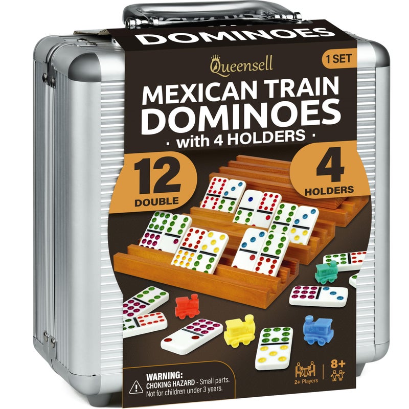 Queensell Mexican Train Dominoes Set with 4 Holders - Dominoes Double 12 with Wooden Hub and Tiles Holders - Double 12 Dominos Set for Family Game Night for Adults and Kids Ages 8 and up (D12 + 4 Holders) - Image 1