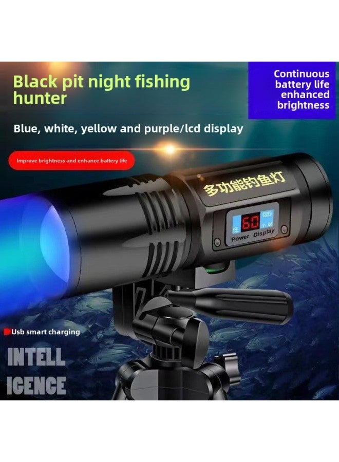 Four-light Source Zoom Fishing Lamp Purple Light Fishing Lamp Charged Display Strong Light Flashlight Charging High-power Night Fishing Lamp 99-Color:No. 1 Black Hawk Four Light-Fishing Chair Rack - Image 2