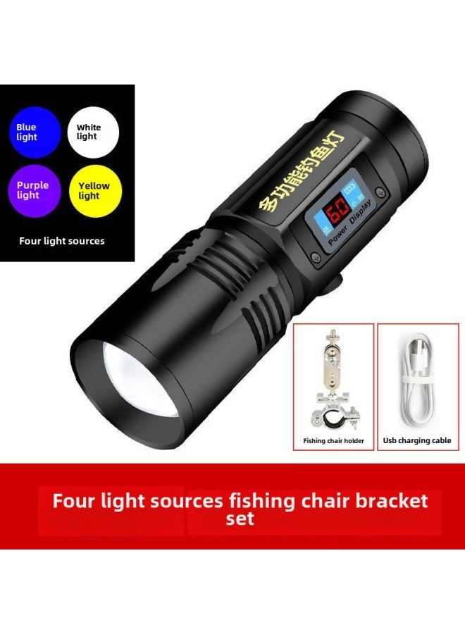 Four-light Source Zoom Fishing Lamp Purple Light Fishing Lamp Charged Display Strong Light Flashlight Charging High-power Night Fishing Lamp 99-Color:No. 1 Black Hawk Four Light-Fishing Chair Rack - Image 1