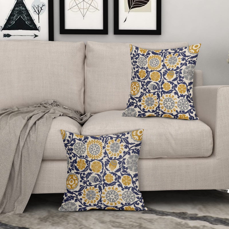 Aytipun Navy Blue Yellow Grey Pillow Covers 18x18 Set of 2 Boho Carpet Pattern Decorative Throw Pillows Outdoor Pillowcase Vintage Floral Farmhouse Square Linen Cushion Case Decor for Sofa Couch Bed - Image 3