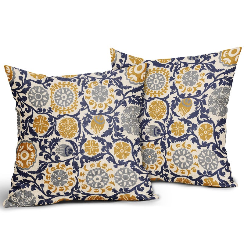 Aytipun Navy Blue Yellow Grey Pillow Covers 18x18 Set of 2 Boho Carpet Pattern Decorative Throw Pillows Outdoor Pillowcase Vintage Floral Farmhouse Square Linen Cushion Case Decor for Sofa Couch Bed - Image 2