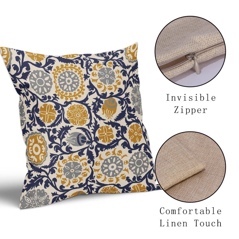 Aytipun Navy Blue Yellow Grey Pillow Covers 18x18 Set of 2 Boho Carpet Pattern Decorative Throw Pillows Outdoor Pillowcase Vintage Floral Farmhouse Square Linen Cushion Case Decor for Sofa Couch Bed - Image 4