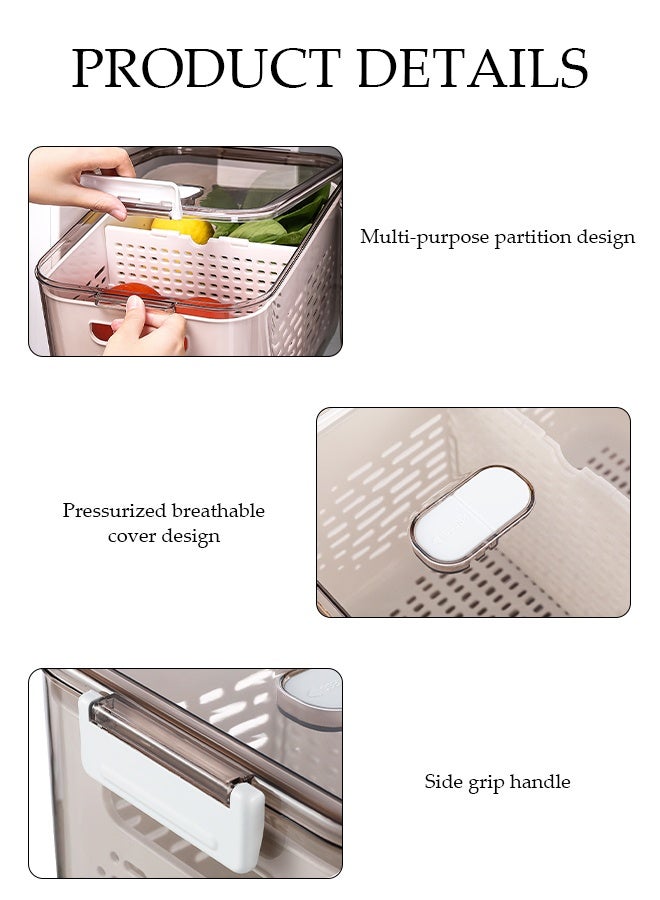DUNISO حاوية تخزين المطبخ للحفاظ على الطازج مع سلال تصريف وفواصل ، 3 في 1 كريسبير تصريف للفواكه والخضروات ، صندوق تخزين الطعام في الثلاجة مع غطاء - Image 3