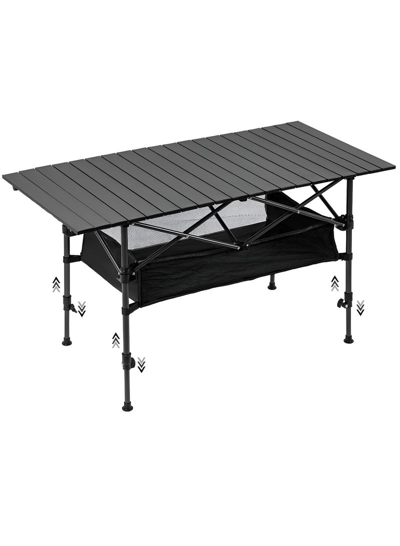 تايمي طاولة قابلة للطي، طاولة محمولة من الألومنيوم بإرتفاع قابل للتعديل مع مساحة تخزين كبيرة وحقيبة حمل للأستخدام في الهواء الطلق للتخييم والنزهات والشواء والشاطئ والحديقة، لون أسود - 80x55x120 سم - Image 1