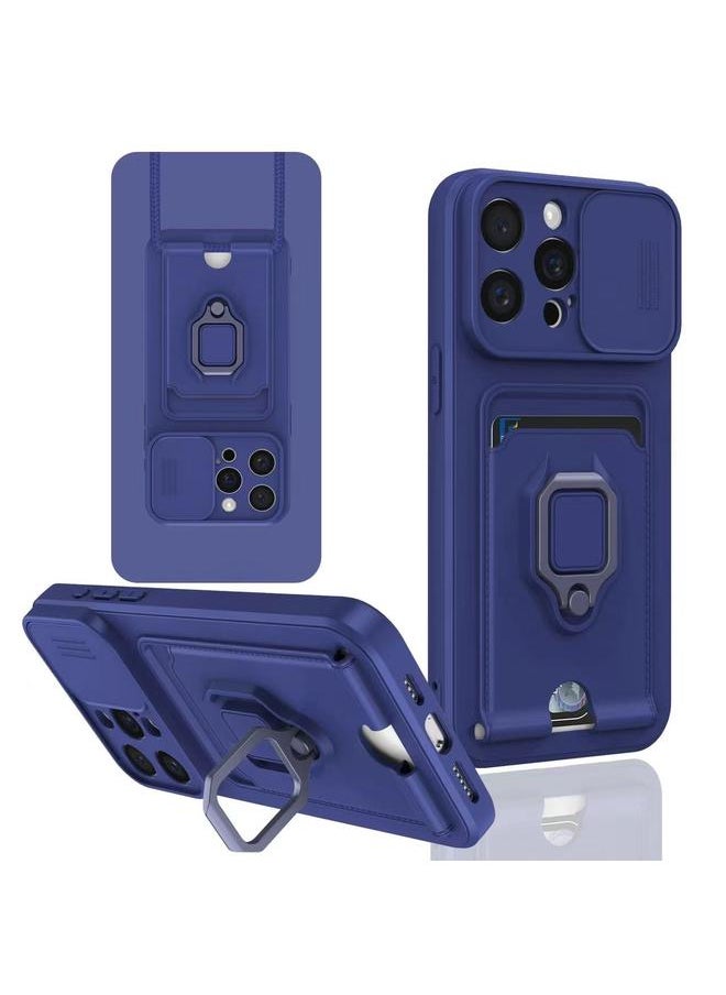 erorex For iPhone 12 Pro Max Sliding Camshield Magnetic Card Holder Silicone Phone Case(Navy Blue) 