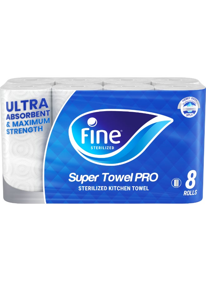 Fine Kitchen Paper Towel Super Pro, Sterilized Tissues For Germ Protection, Half Perforated 60 Sheets x 3 Ply, 8 Rolls White 26.5 x21cm - Image 2