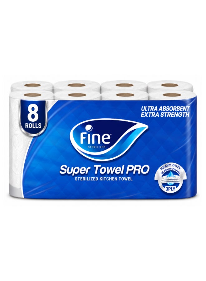 Fine Kitchen Paper Towel Super Pro, Sterilized Tissues For Germ Protection, Half Perforated 60 Sheets x 3 Ply, 8 Rolls White 26.5 x21cm - Image 1