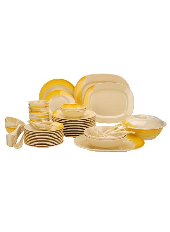 Royalford 64-Piece Melamine Dinner Set With 1X30Cm Oval Plate,2X36Cm Oval Plates,12X25Cm Dinner Plates,12X20Cm Dessert Plates,2X23Cm Bowls With Lid,3X15Cm Bowls,12X11Cm Soup Bowls,3X22Cm Rice Spoons,3X20Cm Spoons,12X14Cm Spoons,Serves 12,Multicolor Orange 11.6kg - Image 1