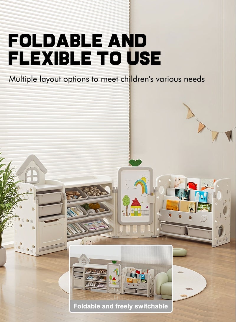 MaBaby Kid's Toy Storage Organizer with Bookshelf, Foldable Toddler Playroom Storage Cabinet, Adjustable Height Drawing Board, Multifunctional Toy Shelf & Bookcase for Playroom Bedroom Nursery, HDPE Safe Material - Image 2