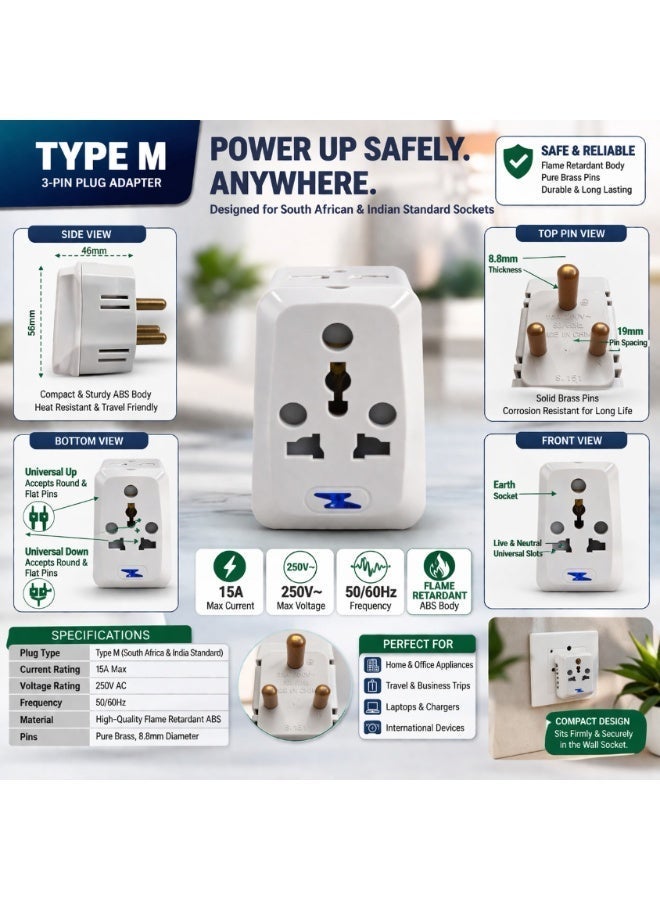 15A 3-Way Universal Multi-Plug Adaptor, Type M 3-Pin Round Pin Socket Extension with Neon Indicator and Surge Protection, Heavy Duty for Home and Office, White, Pack of 3 - Image 2