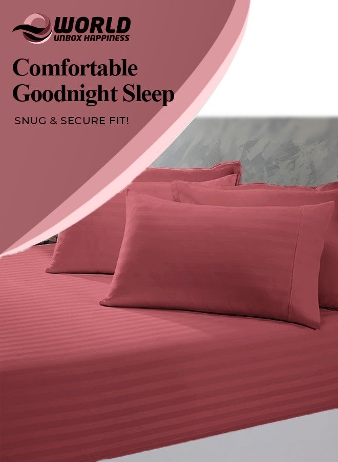 إي وورلد طقم ملاءات فاخر مكون من 3 قطع باللون العنابي المخطط، يحتوي على ملاءة مطاطية عميقة الجيب وغطاءي وسادة، مناسب للفنادق والمنازل، مصنوع من ألياف المايكروفايبر فائقة النعومة وقابلة للتنفس لتوفير الراحة طوال العام (مفرد/مزدوج) - Image 4