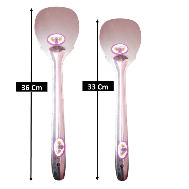 Jayam Traditional Stainless Steel Cooking and Serving Spoon Set for 2 | Medium | Large (Disc Turner) - Image 2